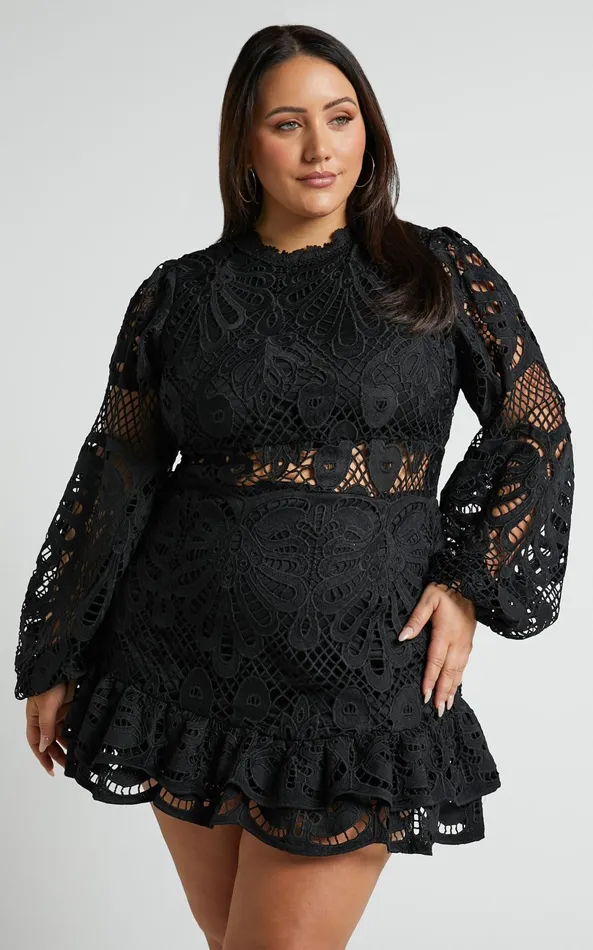 Showpo Kiss Me Now Mini Dress 8211 Long Puff Sleeve Dress In Black Lace Women Curve Clothes