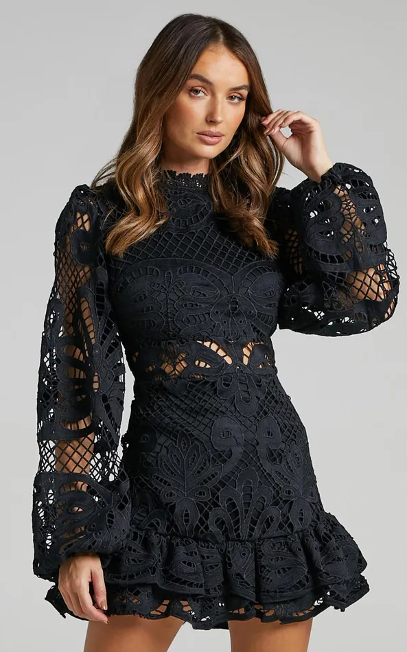Showpo Kiss Me Now Mini Dress 8211 Long Puff Sleeve Dress In Black Lace Women Curve Clothes