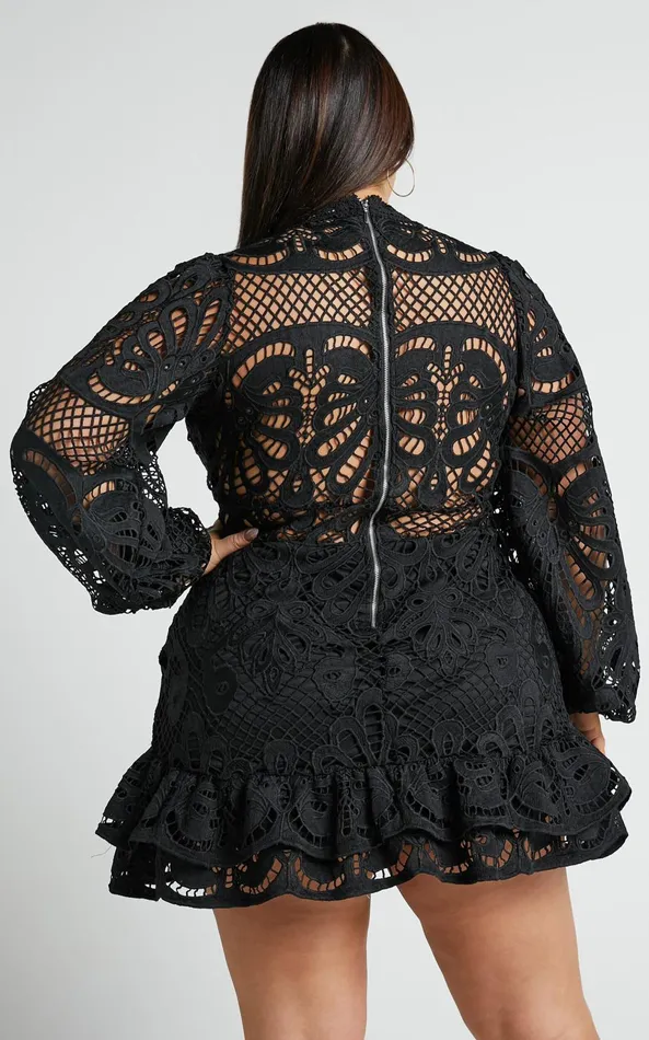 Showpo Kiss Me Now Mini Dress 8211 Long Puff Sleeve Dress In Black Lace Women Curve Clothes