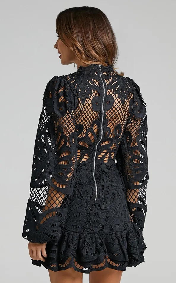 Showpo Kiss Me Now Mini Dress 8211 Long Puff Sleeve Dress In Black Lace Women Curve Clothes
