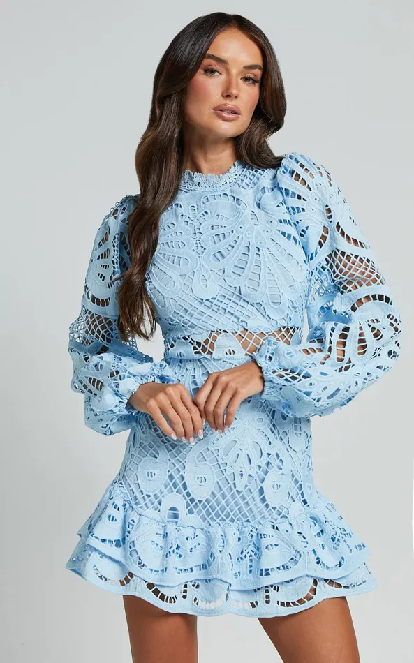 Showpo Kiss Me Now Mini Dress 8211 Long Puff Sleeve Dress In Soft Blue Women Curve Clothes
