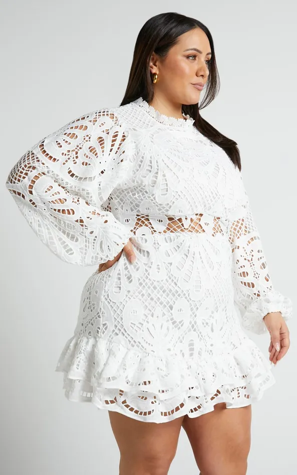 Showpo Kiss Me Now Mini Dress 8211 Long Puff Sleeve Dress In White Lace Women Curve Clothes