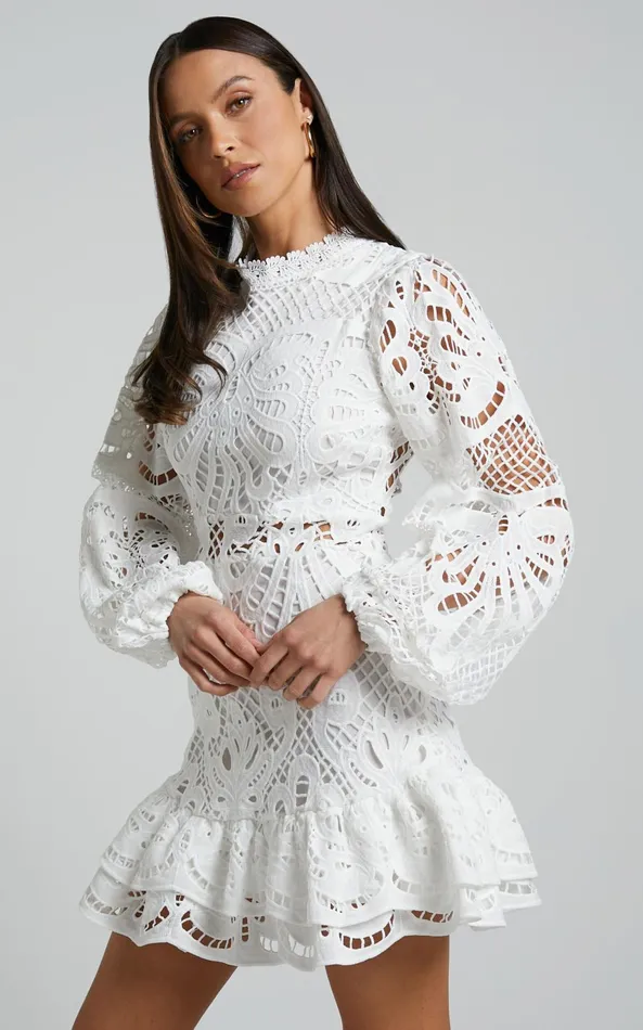 Showpo Kiss Me Now Mini Dress 8211 Long Puff Sleeve Dress In White Lace Women Curve Clothes