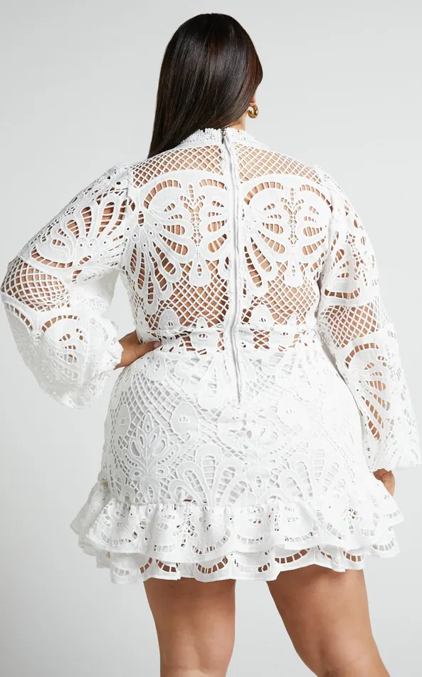 Showpo Kiss Me Now Mini Dress 8211 Long Puff Sleeve Dress In White Lace Women Curve Clothes