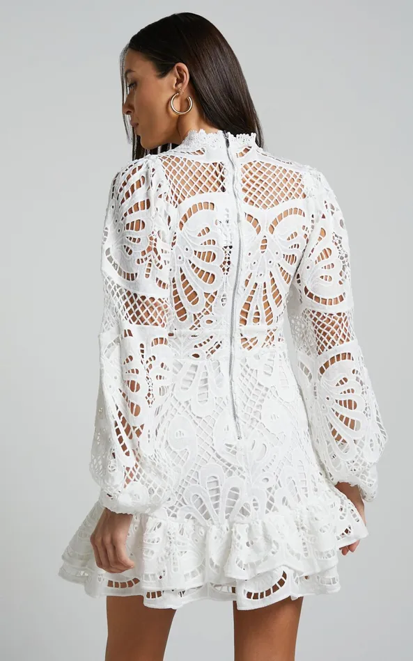 Showpo Kiss Me Now Mini Dress 8211 Long Puff Sleeve Dress In White Lace Women Curve Clothes