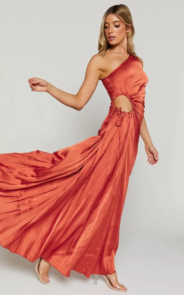 Showpo Kitsune Midi Dress 8211 One Shoulder Cut Out Dress In Copper Women Dresses