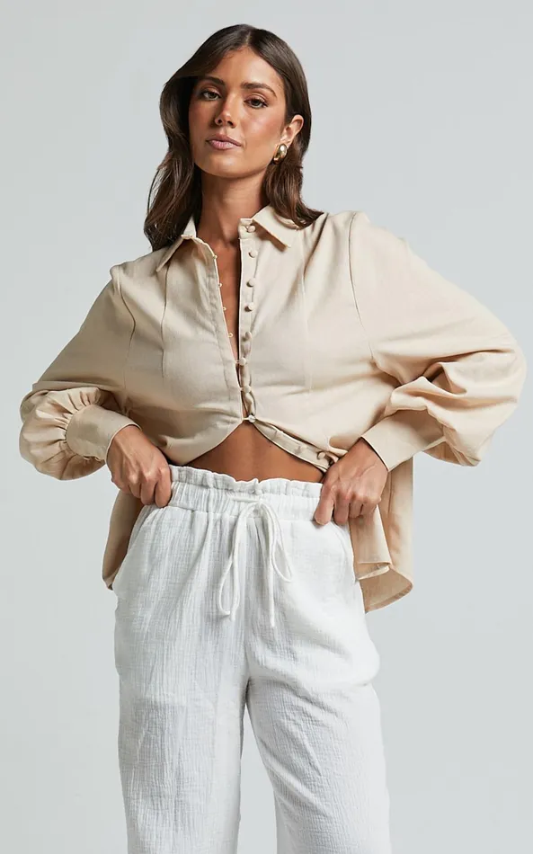 Showpo Kiva Long Sleeve Blouse In Beige Women Curve Clothes