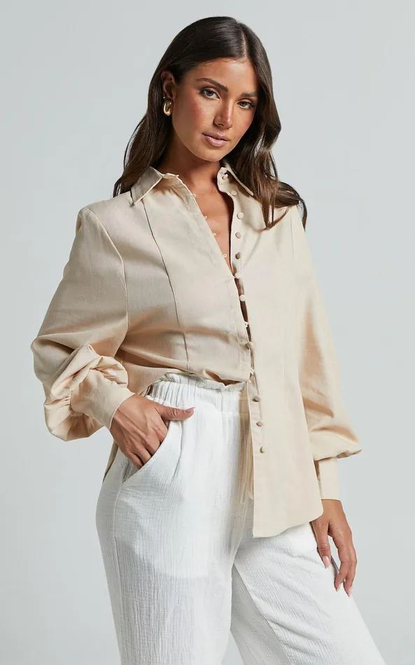 Showpo Kiva Long Sleeve Blouse In Beige Women Curve Clothes