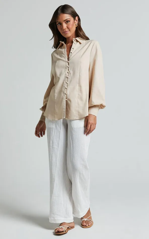 Showpo Kiva Long Sleeve Blouse In Beige Women Curve Clothes