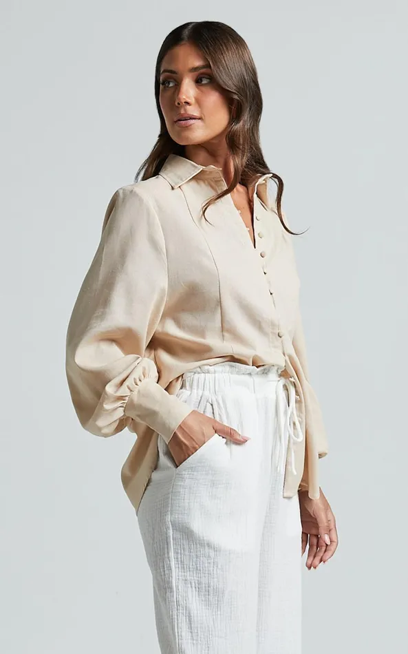 Showpo Kiva Long Sleeve Blouse In Beige Women Curve Clothes