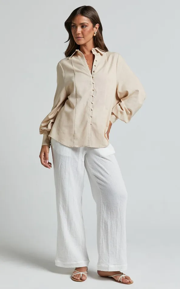 Showpo Kiva Long Sleeve Blouse In Beige Women Curve Clothes