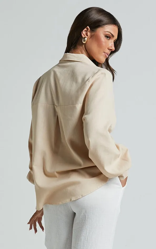 Showpo Kiva Long Sleeve Blouse In Beige Women Curve Clothes