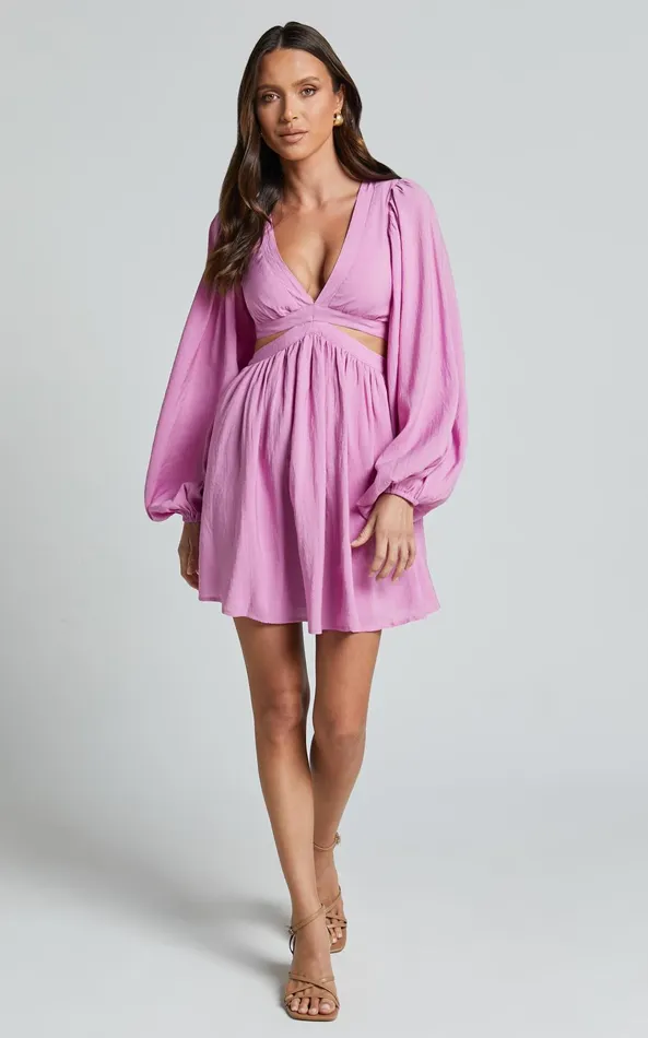 Showpo Klarika Mini Dress 8211 Bishop Sleeve Cut Out Dress In Rose Women Dresses