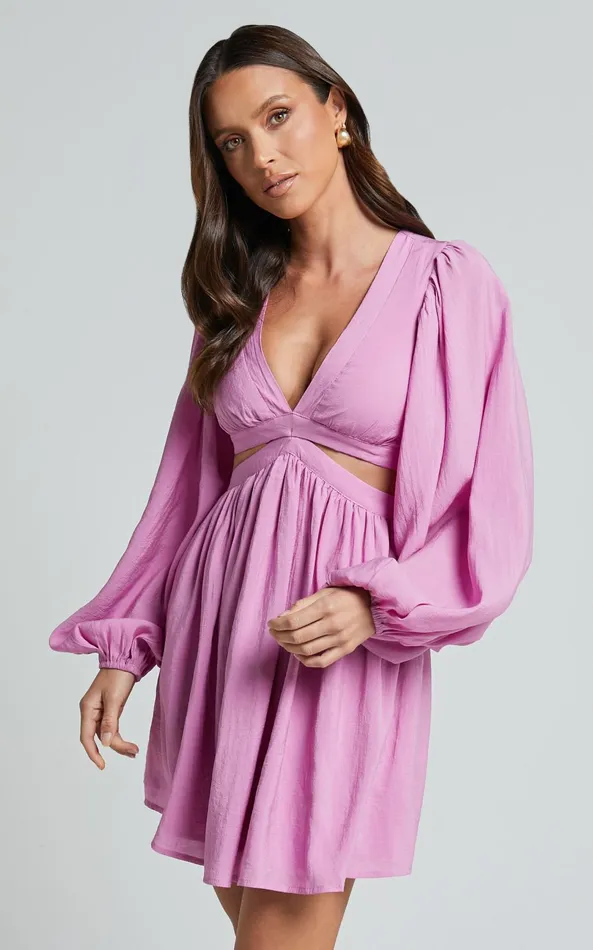 Showpo Klarika Mini Dress 8211 Bishop Sleeve Cut Out Dress In Rose Women Dresses