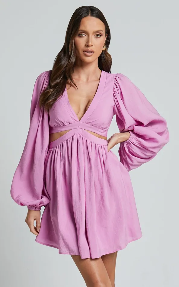 Showpo Klarika Mini Dress 8211 Bishop Sleeve Cut Out Dress In Rose Women Dresses