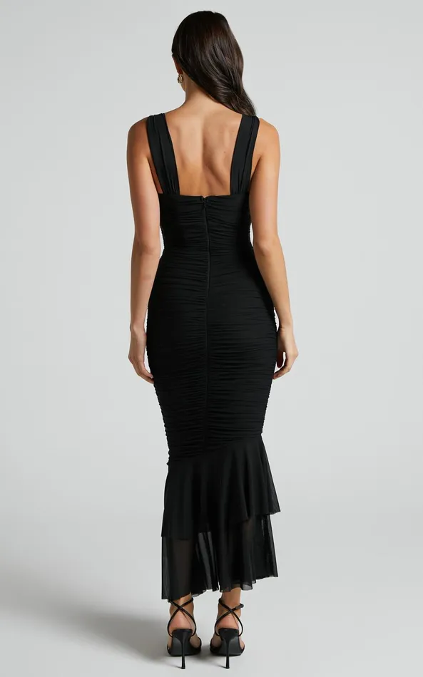 Showpo Kody Midi Dress 8211 Bodycon Ruched Mesh Cut Out Dress In Black Women Dresses