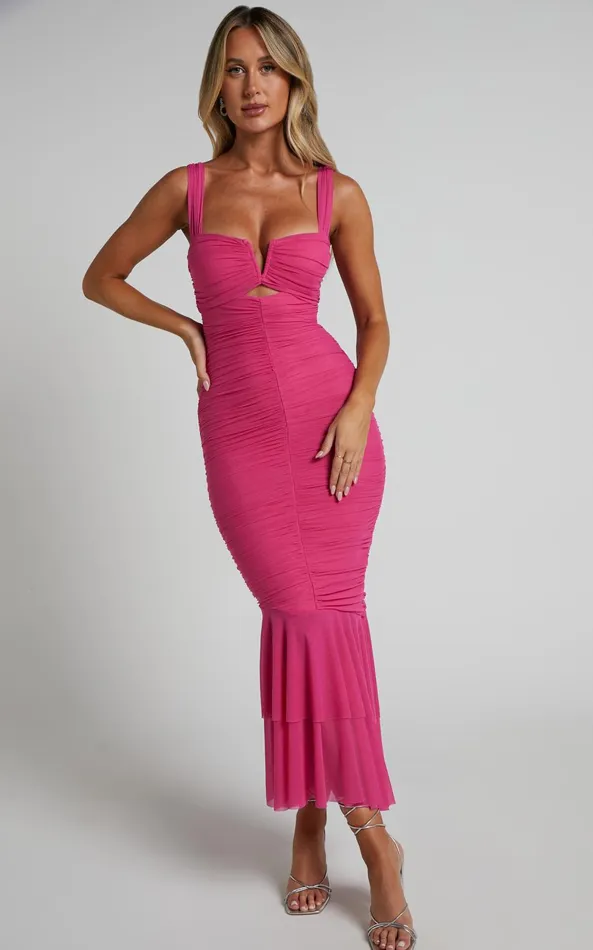 Showpo Kody Midi Dress 8211 Bodycon Ruched Mesh Cut Out Dress In Hot Pink Women Dresses Showpo Kody Midi Dress 8211 Bodycon Ruched Mesh Cut Out Dress In Hot Pink Women Dresses