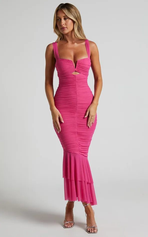Showpo Kody Midi Dress 8211 Bodycon Ruched Mesh Cut Out Dress In Hot Pink Women Dresses Showpo Kody Midi Dress 8211 Bodycon Ruched Mesh Cut Out Dress In Hot Pink Women Dresses