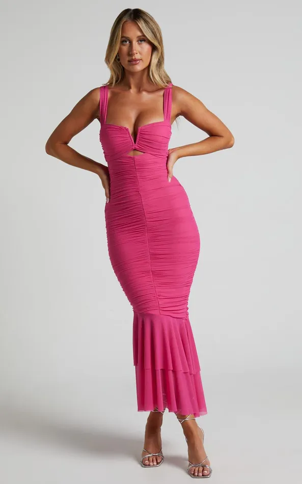 Showpo Kody Midi Dress 8211 Bodycon Ruched Mesh Cut Out Dress In Hot Pink Women Dresses Showpo Kody Midi Dress 8211 Bodycon Ruched Mesh Cut Out Dress In Hot Pink Women Dresses