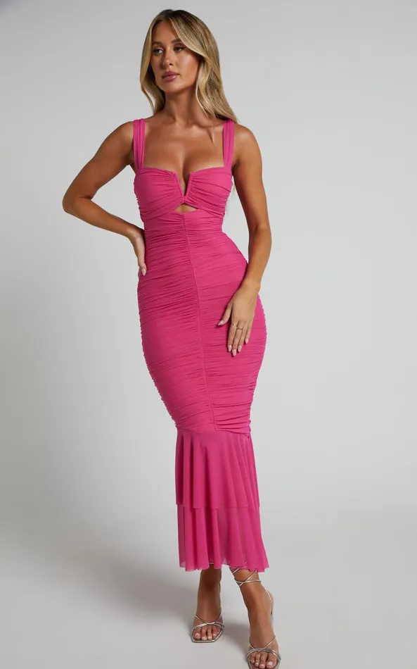 Showpo Kody Midi Dress 8211 Bodycon Ruched Mesh Cut Out Dress In Hot Pink Women Dresses Showpo Kody Midi Dress 8211 Bodycon Ruched Mesh Cut Out Dress In Hot Pink Women Dresses