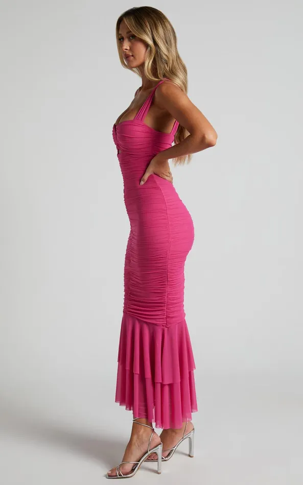 Showpo Kody Midi Dress 8211 Bodycon Ruched Mesh Cut Out Dress In Hot Pink Women Dresses Showpo Kody Midi Dress 8211 Bodycon Ruched Mesh Cut Out Dress In Hot Pink Women Dresses