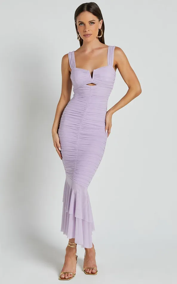 Showpo Kody Midi Dress 8211 Bodycon Ruched Mesh Cut Out Dress In Lilac Women Dresses Showpo Kody Midi Dress 8211 Bodycon Ruched Mesh Cut Out Dress In Lilac Women Dresses