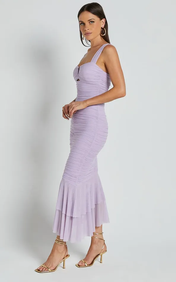 Showpo Kody Midi Dress 8211 Bodycon Ruched Mesh Cut Out Dress In Lilac Women Dresses