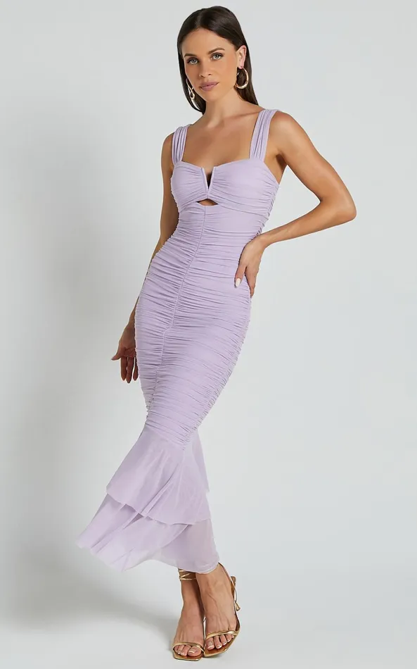 Showpo Kody Midi Dress 8211 Bodycon Ruched Mesh Cut Out Dress In Lilac Women Dresses