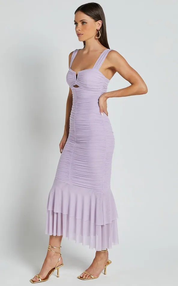 Showpo Kody Midi Dress 8211 Bodycon Ruched Mesh Cut Out Dress In Lilac Women Dresses