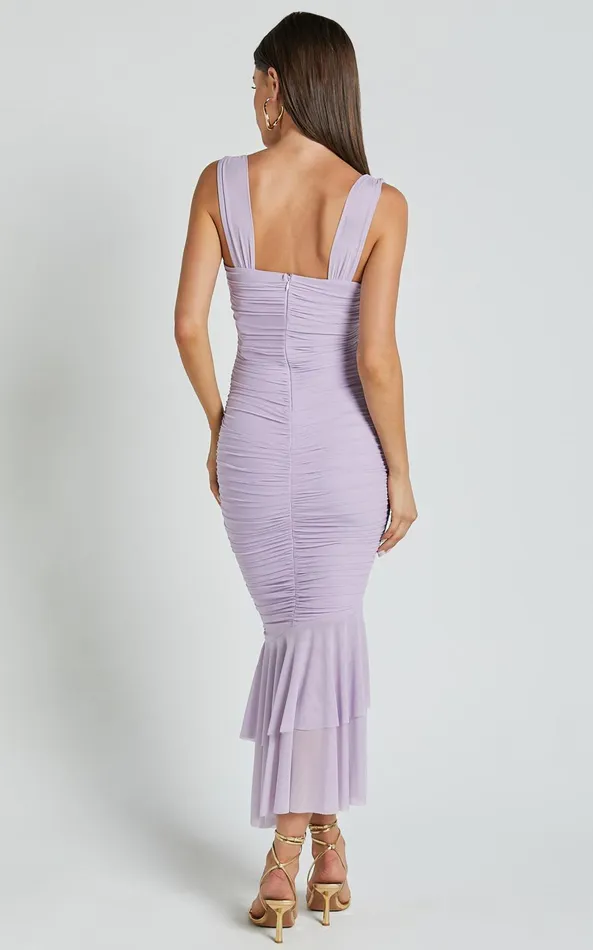 Showpo Kody Midi Dress 8211 Bodycon Ruched Mesh Cut Out Dress In Lilac Women Dresses