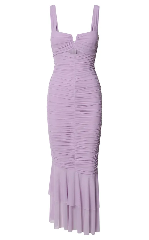 Showpo Kody Midi Dress 8211 Bodycon Ruched Mesh Cut Out Dress In Lilac Women Dresses