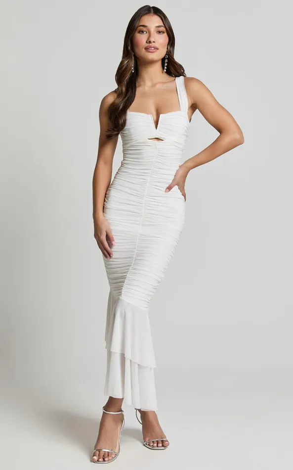 Showpo Kody Midi Dress 8211 Bodycon Ruched Mesh Cut Out Dress In White Women Dresses Showpo Kody Midi Dress 8211 Bodycon Ruched Mesh Cut Out Dress In White Women Dresses
