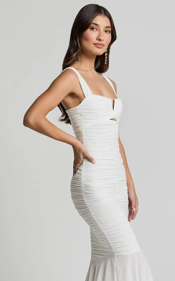 Showpo Kody Midi Dress 8211 Bodycon Ruched Mesh Cut Out Dress In White Women Dresses