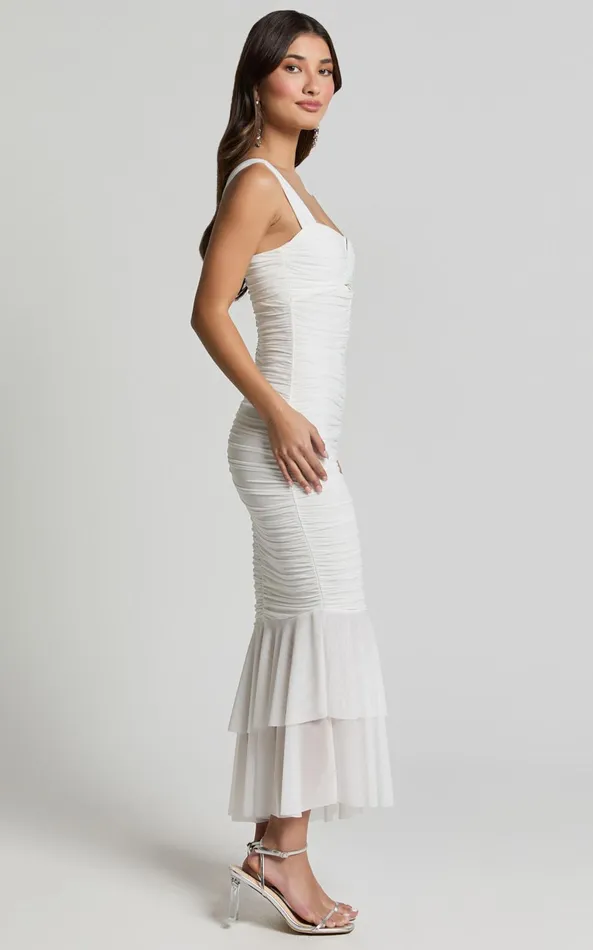 Showpo Kody Midi Dress 8211 Bodycon Ruched Mesh Cut Out Dress In White Women Dresses