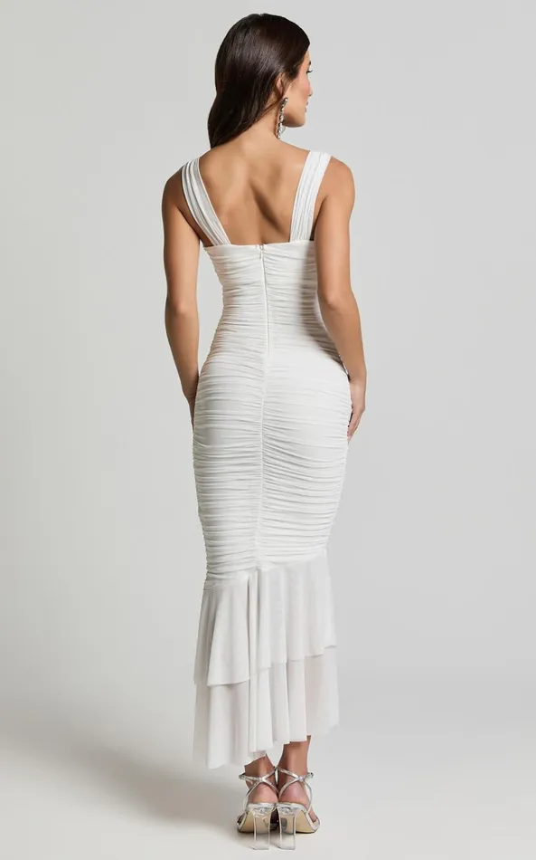 Showpo Kody Midi Dress 8211 Bodycon Ruched Mesh Cut Out Dress In White Women Dresses