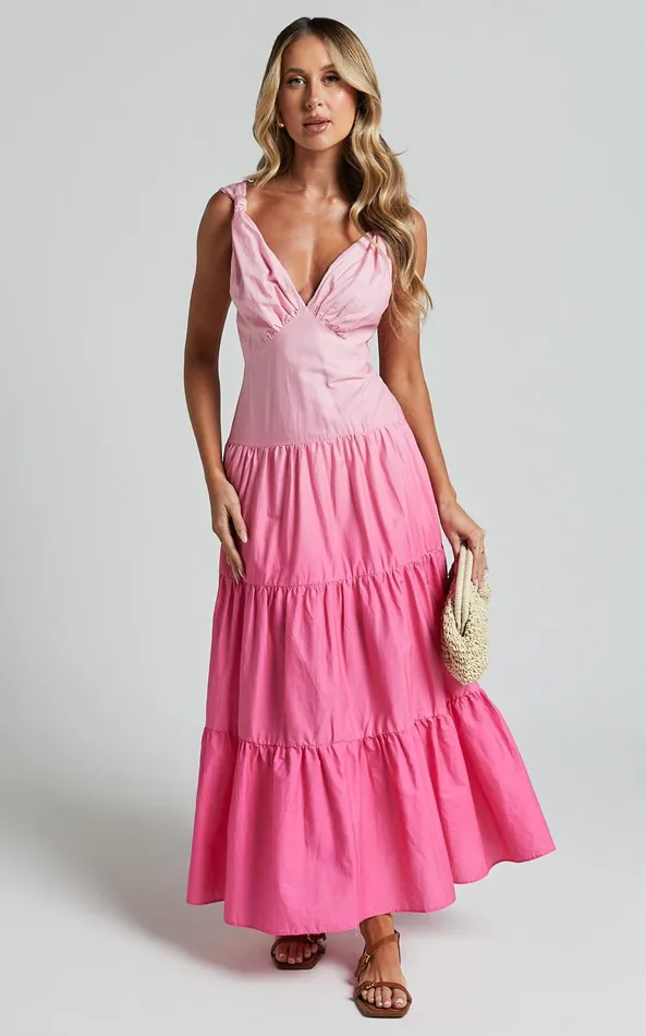 Showpo Kolton Midi Dress 8211 Deep V Neck Tiered Dress In Pink Ombre Women Dresses