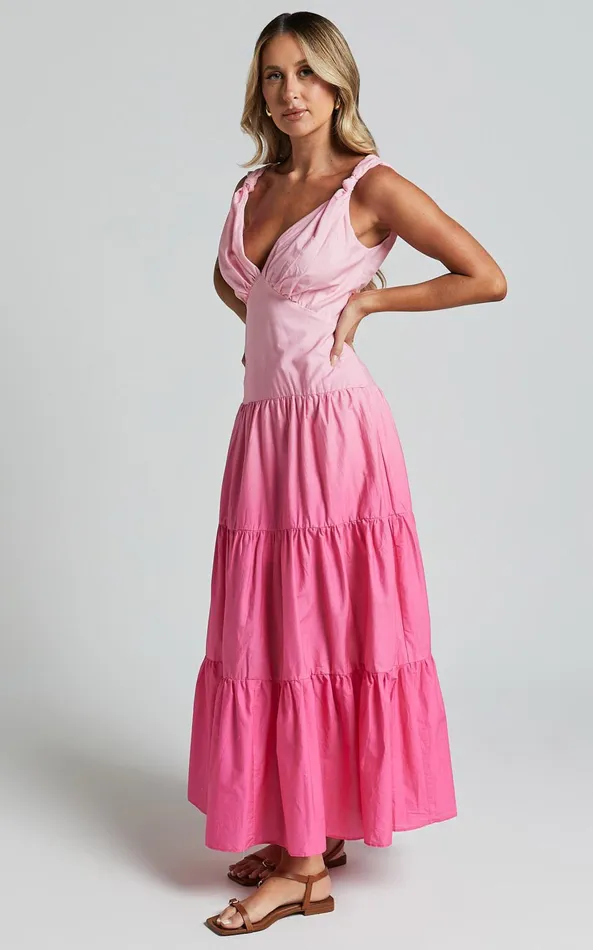 Showpo Kolton Midi Dress 8211 Deep V Neck Tiered Dress In Pink Ombre Women Dresses
