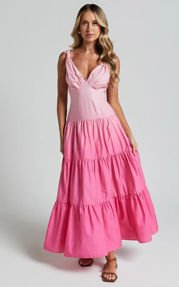 Showpo Kolton Midi Dress 8211 Deep V Neck Tiered Dress In Pink Ombre Women Dresses