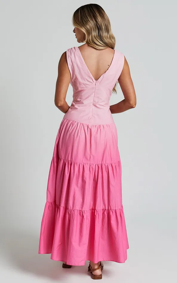 Showpo Kolton Midi Dress 8211 Deep V Neck Tiered Dress In Pink Ombre Women Dresses