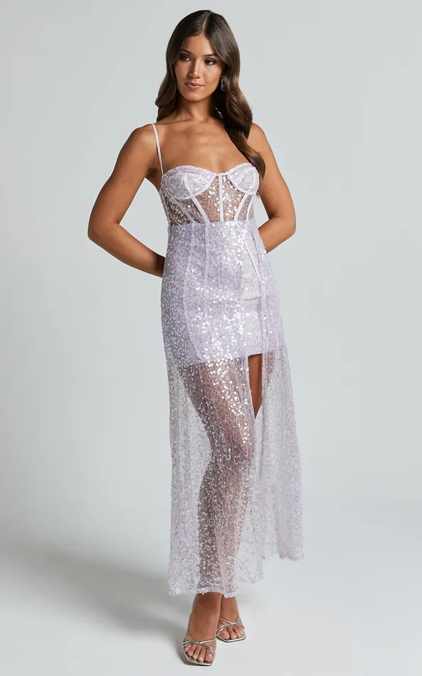 Showpo Kristie Maxi Dress 8211 Strapless Glitter Sequin Maxi Gown In Lilac Women Dresses