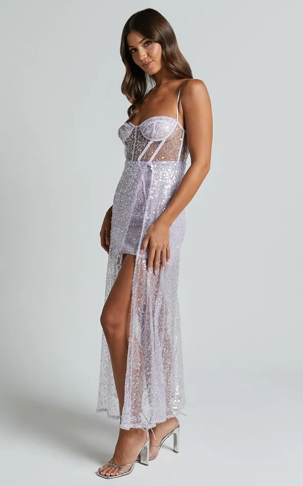 Showpo Kristie Maxi Dress 8211 Strapless Glitter Sequin Maxi Gown In Lilac Women Dresses