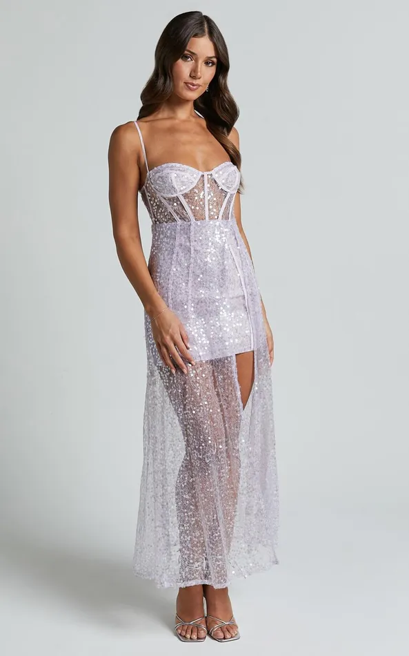 Showpo Kristie Maxi Dress 8211 Strapless Glitter Sequin Maxi Gown In Lilac Women Dresses
