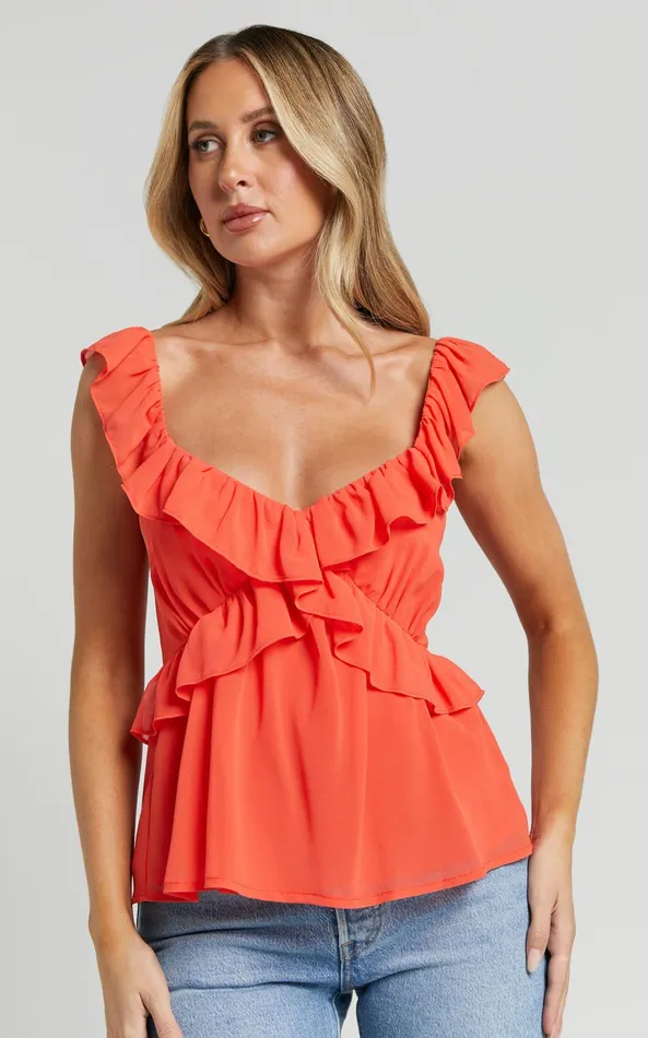 Showpo Kristina Top 8211 Frill Detail V Neck Sleeveless In Orange Women Tops