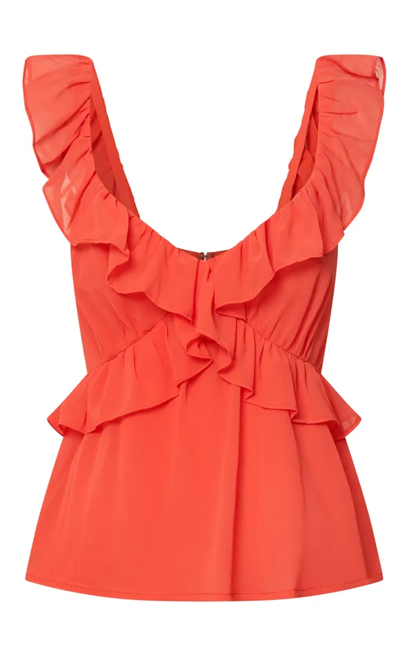 Showpo Kristina Top 8211 Frill Detail V Neck Sleeveless In Orange Women Tops