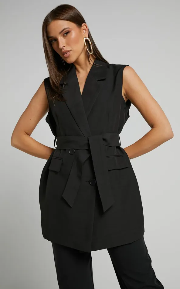 Showpo Kristitah Blazer Vest 8211 Tie Waist Sleeveless Blazer In Black Women Jackets and Coats