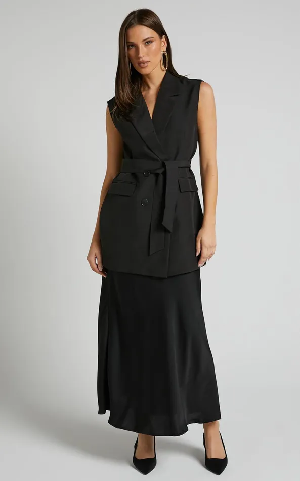 Showpo Kristitah Blazer Vest 8211 Tie Waist Sleeveless Blazer In Black Women Jackets and Coats