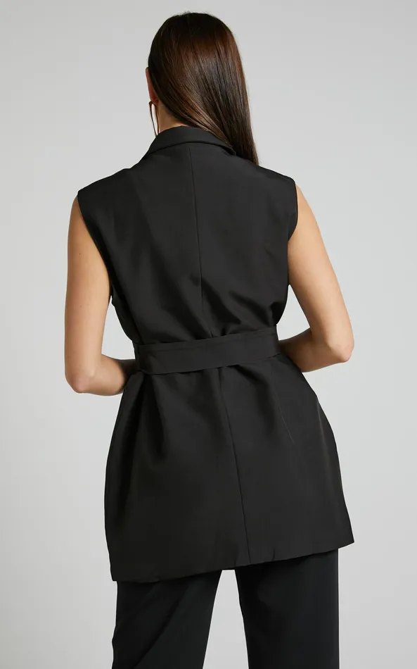 Showpo Kristitah Blazer Vest 8211 Tie Waist Sleeveless Blazer In Black Women Jackets and Coats