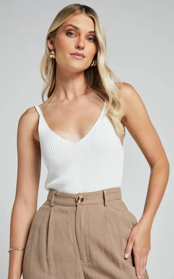 Showpo Kryselle Top 8211 V Neck Knitted Tank Top In White Women Basics