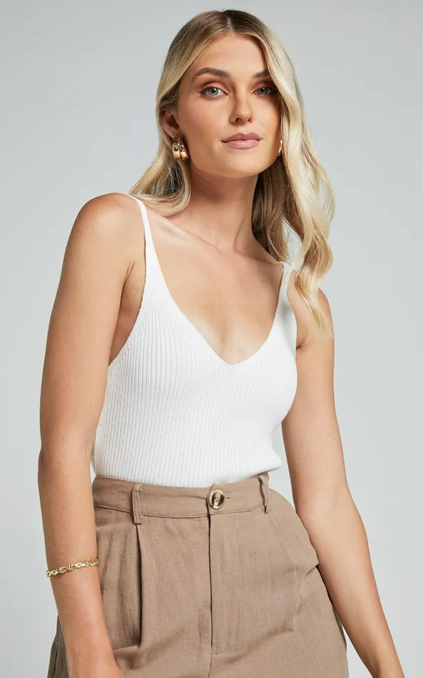 Showpo Kryselle Top 8211 V Neck Knitted Tank Top In White Women Basics