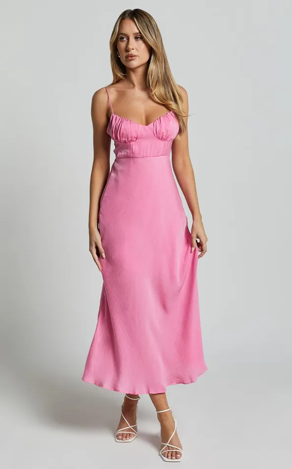 Showpo Krysta Midi Dress 8211 Sweetheart Ruched Bust Slip Dress In Pink Women Dresses